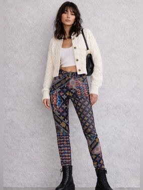 Desigual Patchwork Print Skinny Jeans Boho Artistic Statement Pants